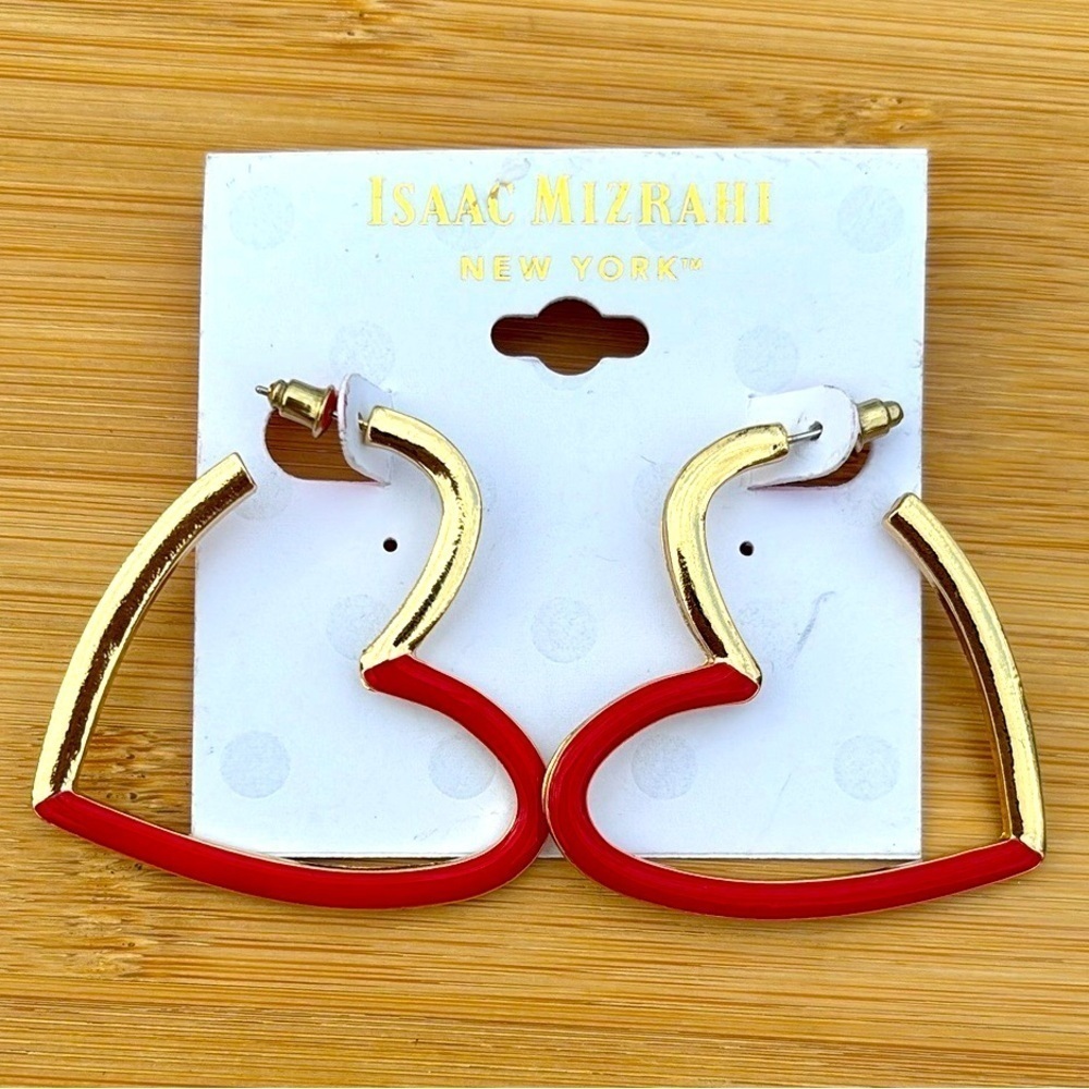 Brand New Isaac Mizrahi Gold Tone & Red Heart Shaped Drop Earrings Valentines